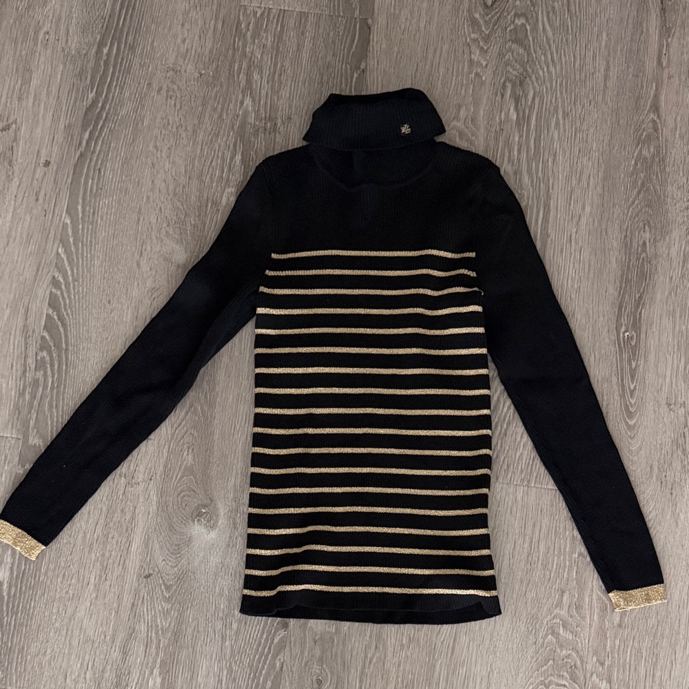 Ralph Lauren Black and Gold Striped Turtleneck Sweater